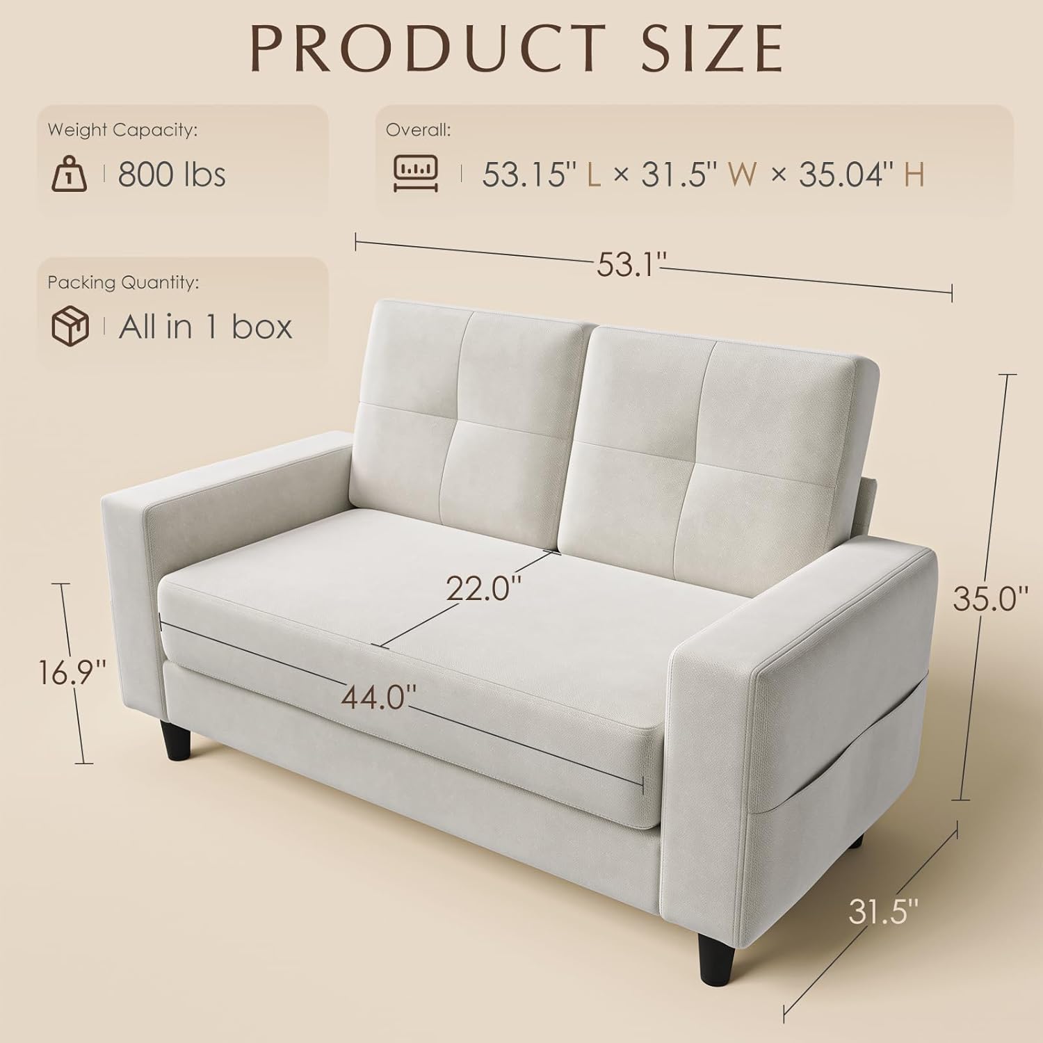 Loveseat Sofa丨53 inch Love Seat Small Couch for Small Space 丨7.5” Thick Seat Cushion Sofas for Bedroom丨Chenille Mini Couch for Apartment Beige