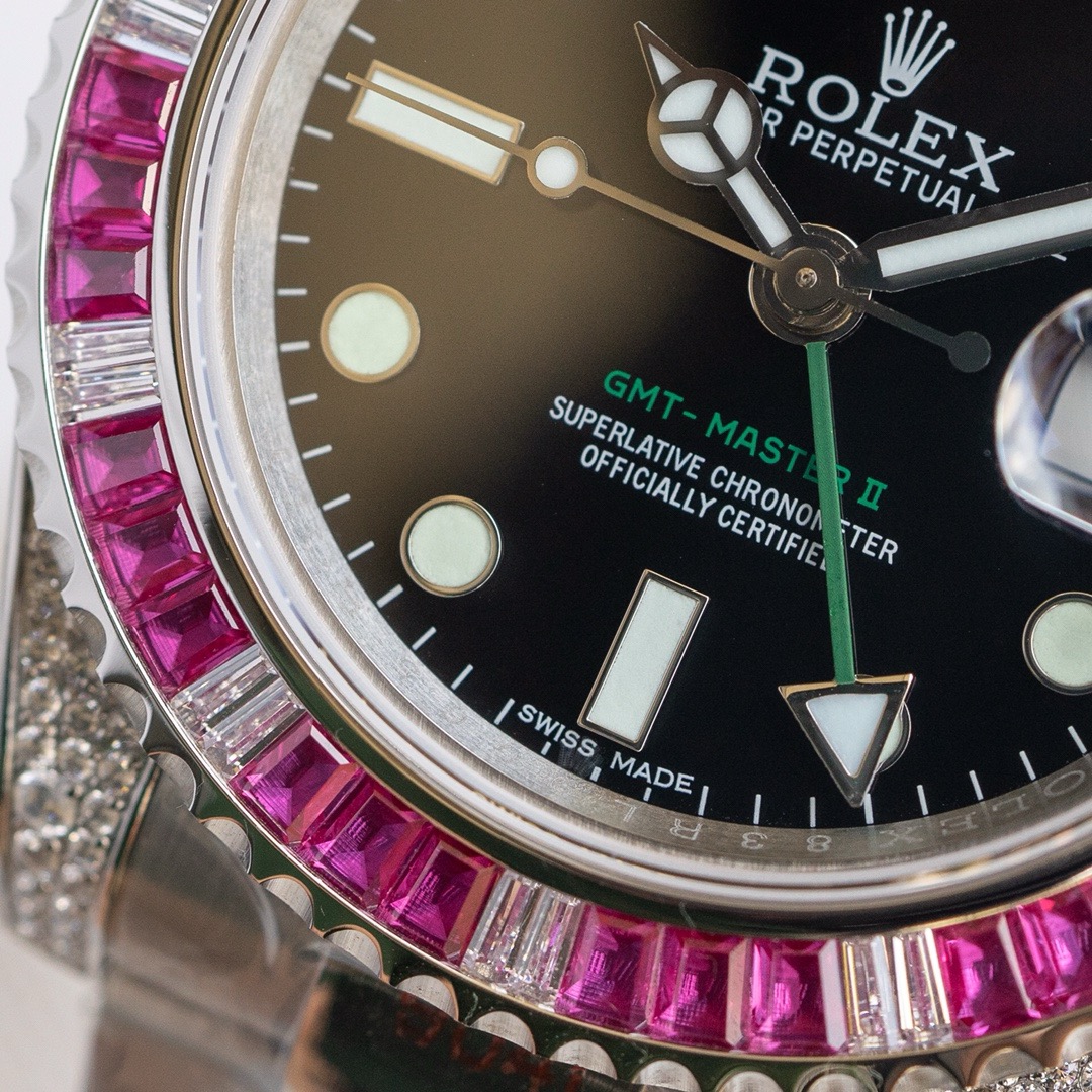 -Rolex GMT-Master II 18K White Gold Gem-Set Bezel and Case Watch -11