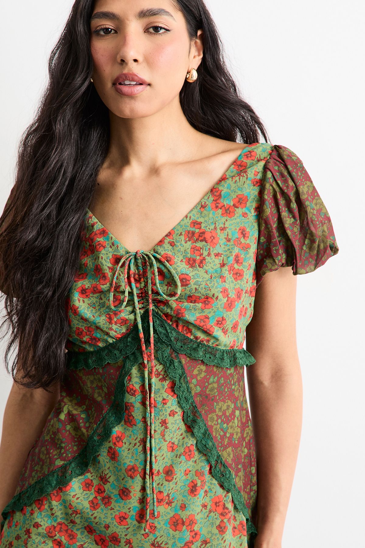 Warehouse Mixed Floral Georgette Lace Insert Tendril Hem Midi Tea Dress