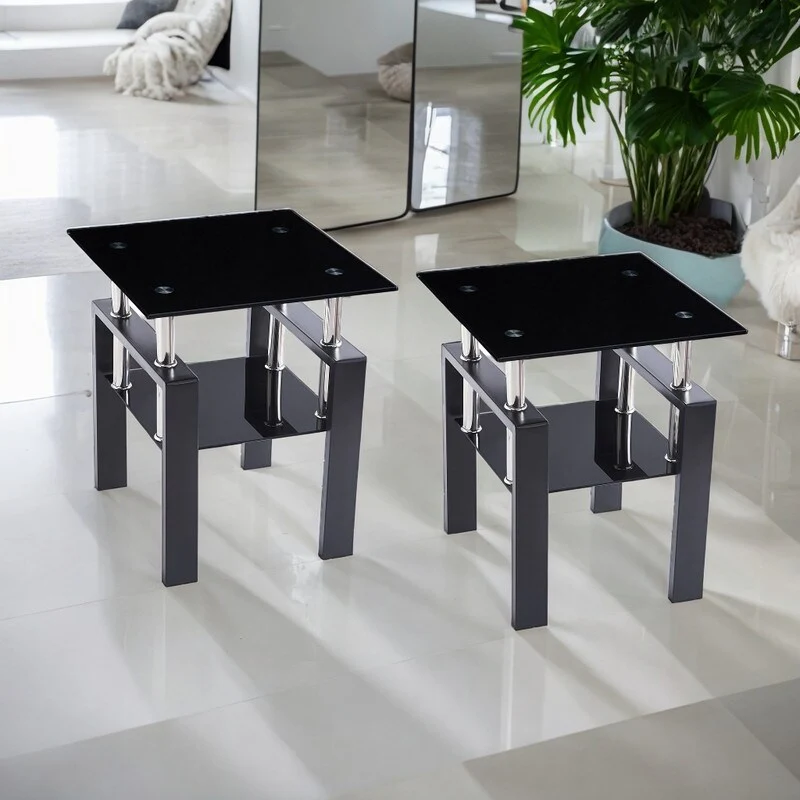 1/2 Piece Tempered Transparent Glass End Table, 2-Layers Small Table with Storage, Living Room Side Table