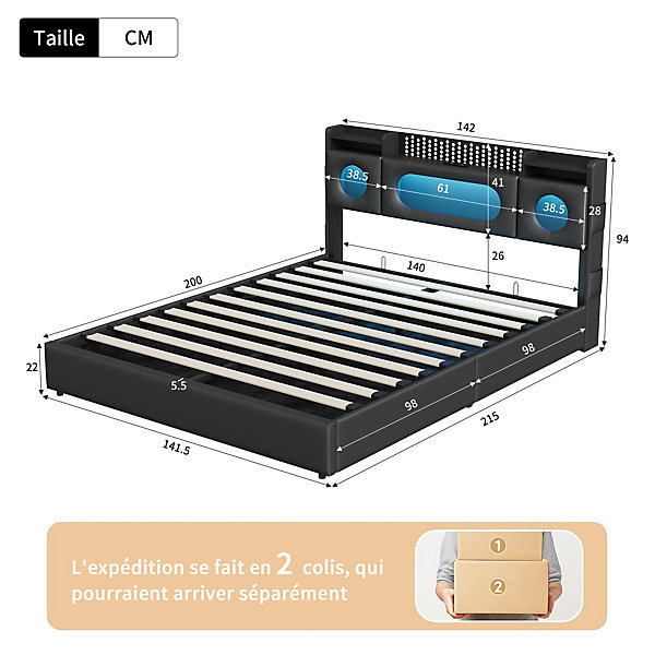 Lit Coffre 140x200cm avec éclairage LED et Port USB, Lit Double Rembourré avec Rangement, Pour Adultes et Adolescents, PU, Noir