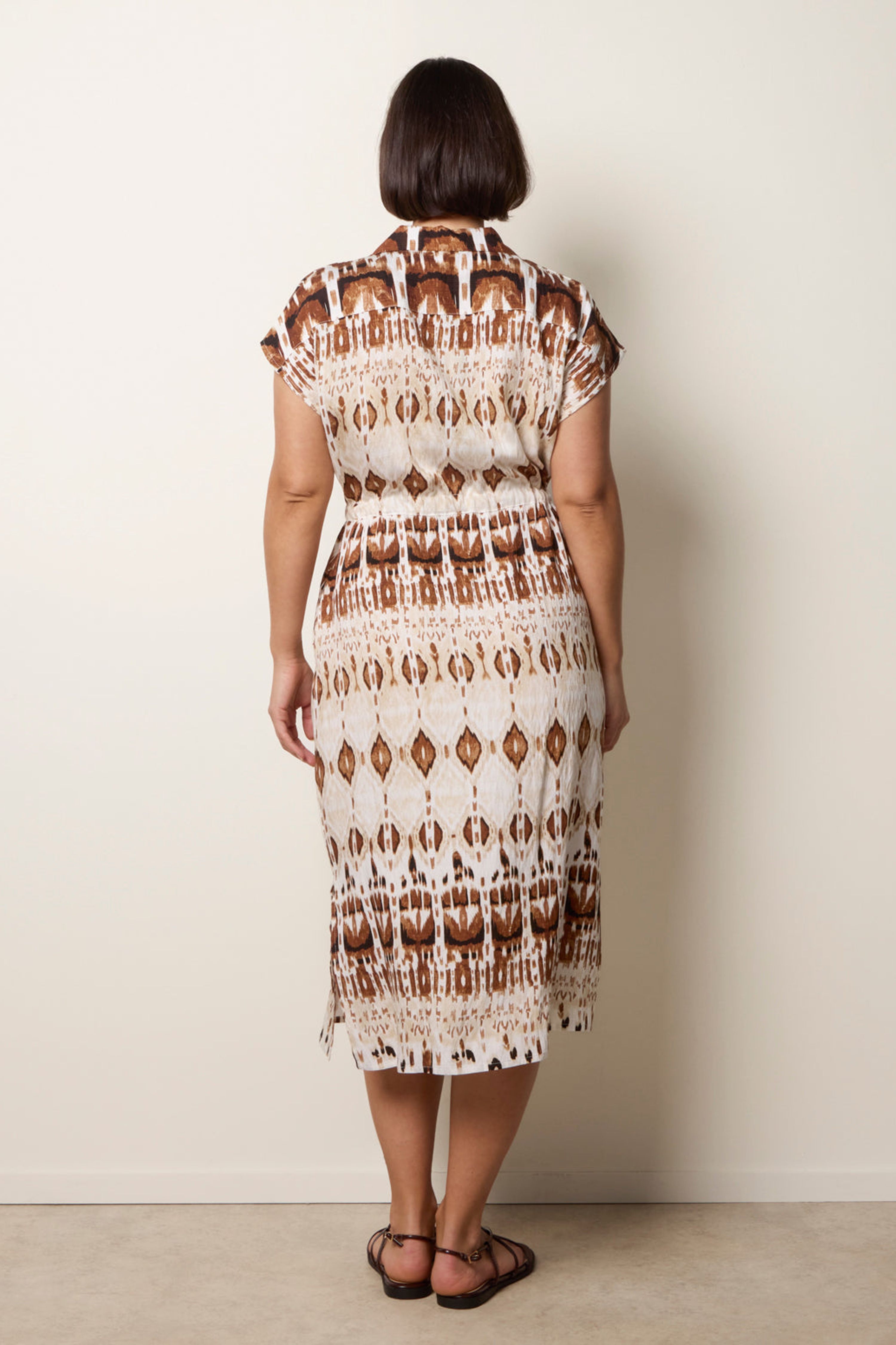 Blue Vanilla Light Brown Drawstring Printed Midi Shirt Dress