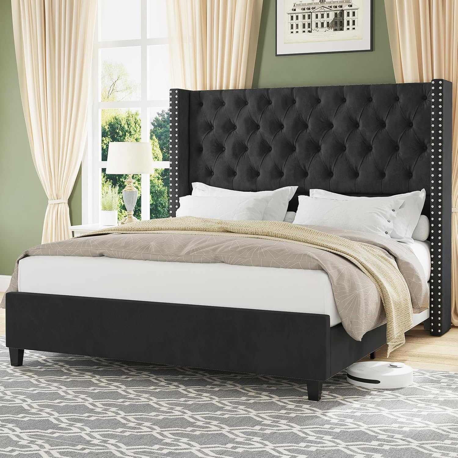 Jocisland Queen Size Bed Frame with 51.6” Wingback Tufted Velvet Headboard, Modern Upholstered Platform Bed, No Box Spring Needed, Easy Assembly, Black