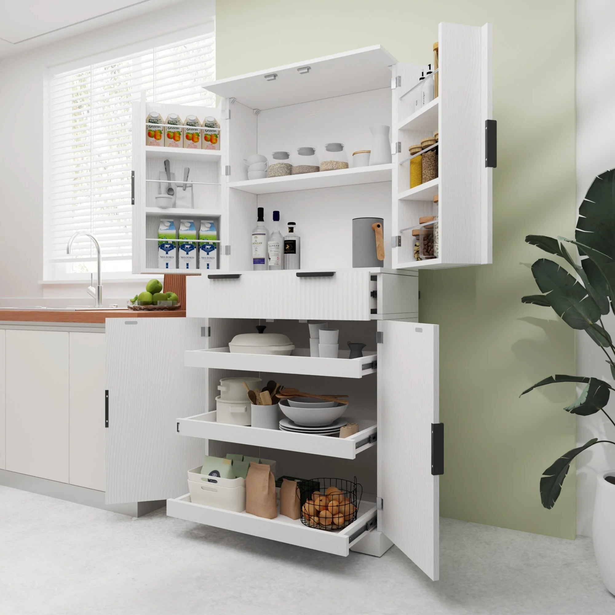 Kitchen Pantry Cabinet, Fluted Kitchen Cupboard with 3 Keyboard Drawers, Tall Storage Cabinet with Adjustable Shelves