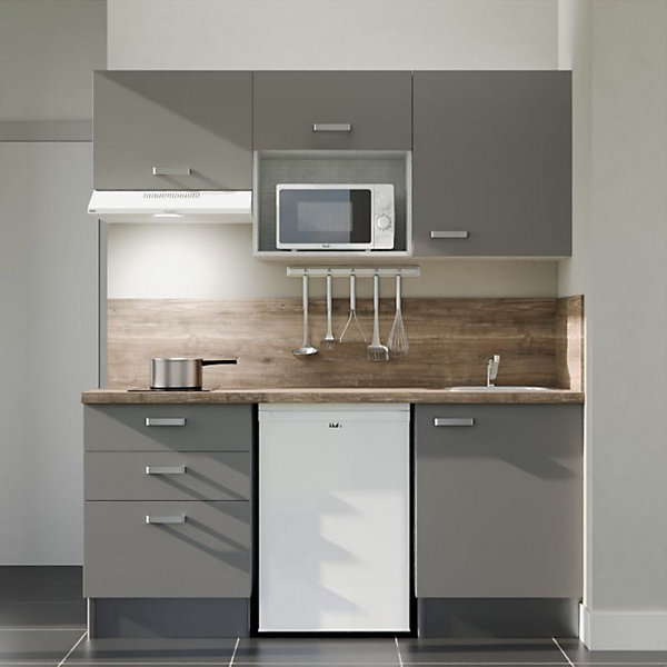 Kitchenette K20 - 180 cm - Façades : Gris - Plan de travail : Bois - Crédences : Oui - Evier