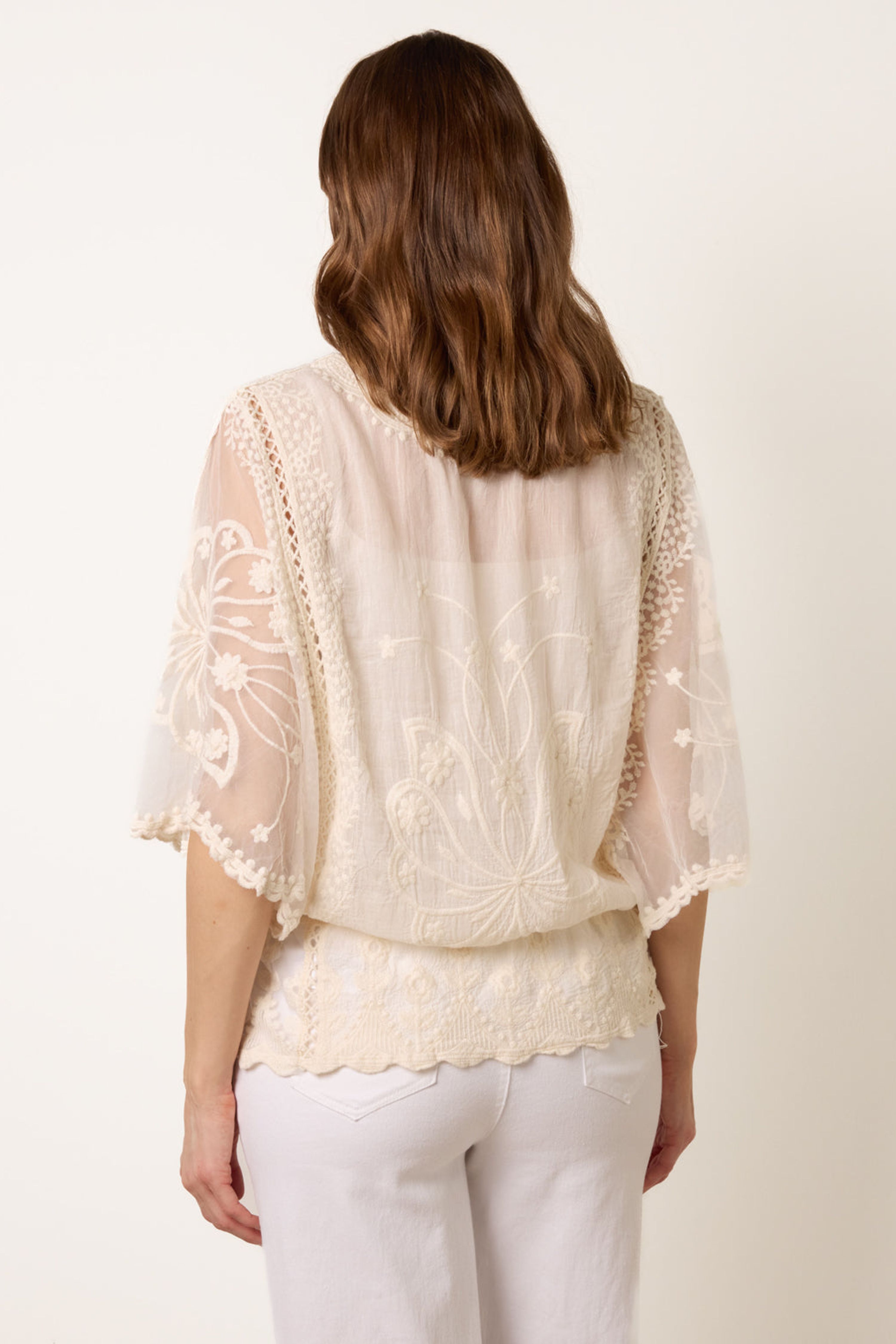 Blue Vanilla Stone Floral Lace Butterfly Sleeve Blouse