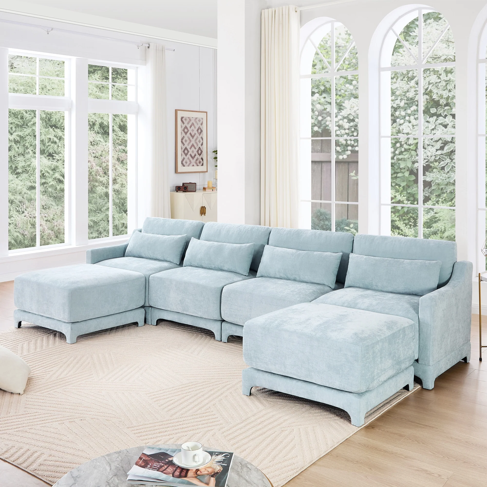 GDFStudio- Odyssey Chenille Four-Seater Sofa with Dual Ottoman