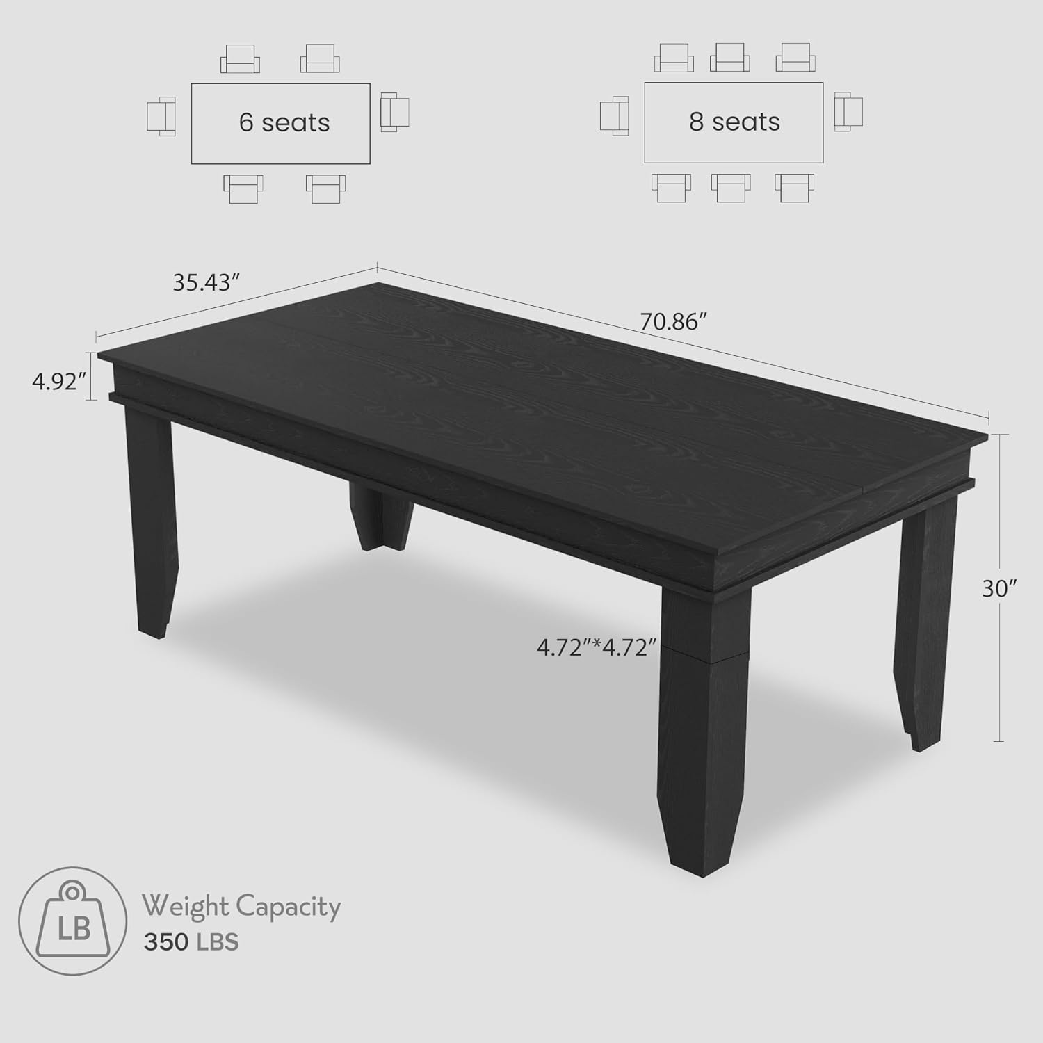 GarveeHome Farmhouse Dining Table for 6-8 People, 71 in Long Kitchen Tables with Wooden Sturdy Frame, 6 ft Large Rectangular Dinner Table for Dining Room, Kitchen (Black, 71 Non-extendable)