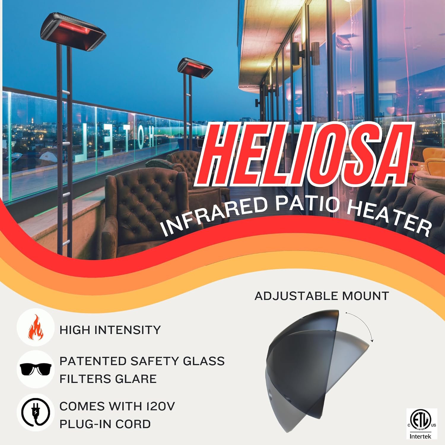 Professional Electric Infrared Outdoor Patio Heater  Wall Mounted  Comes with 6' 120V Plug-in Cord  Water Resistant for Residential and Commercial Use