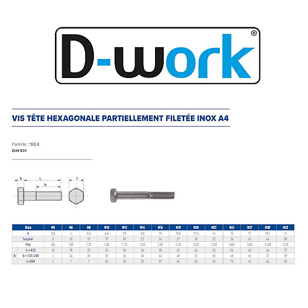 25 Vis Métaux Tête Hexagonale F/Partiel 16 x 120 mm - DIN 931 - Inox A4 - D-Work