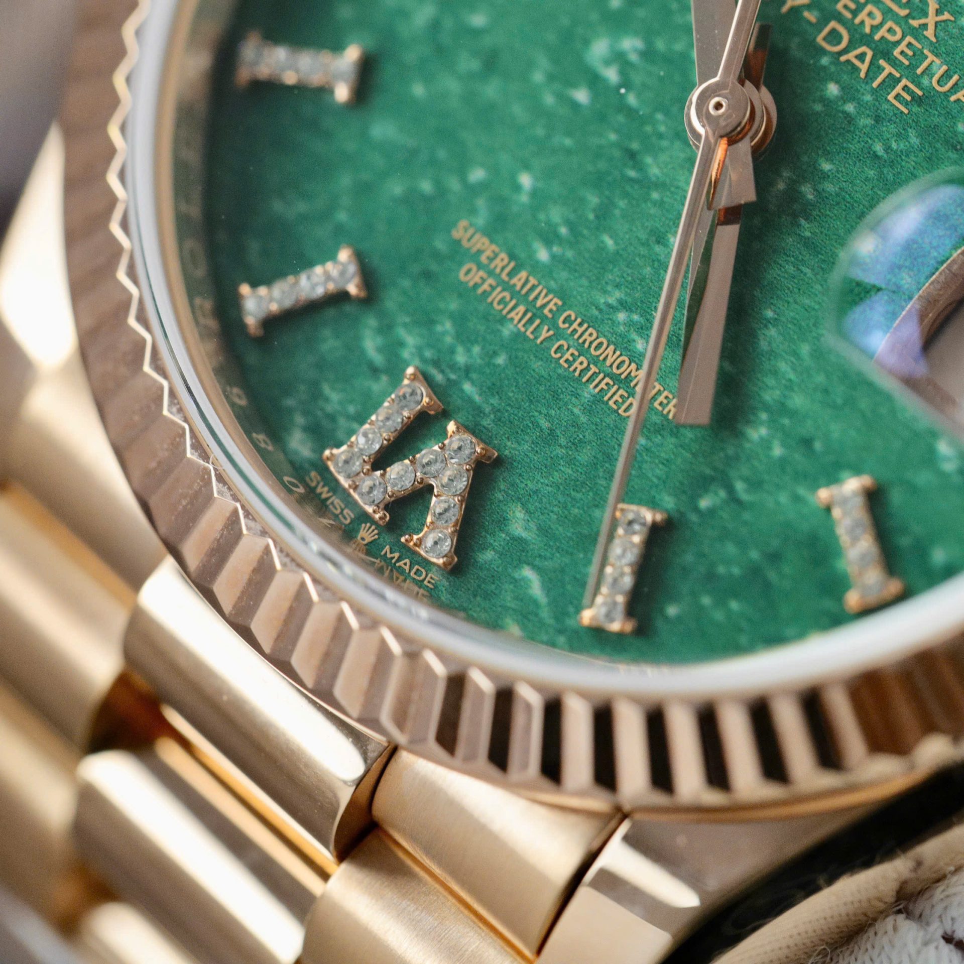 Rolex Day-Date 128235 RG Plated Green Dial CZ Diamonds 36mm Super Clone