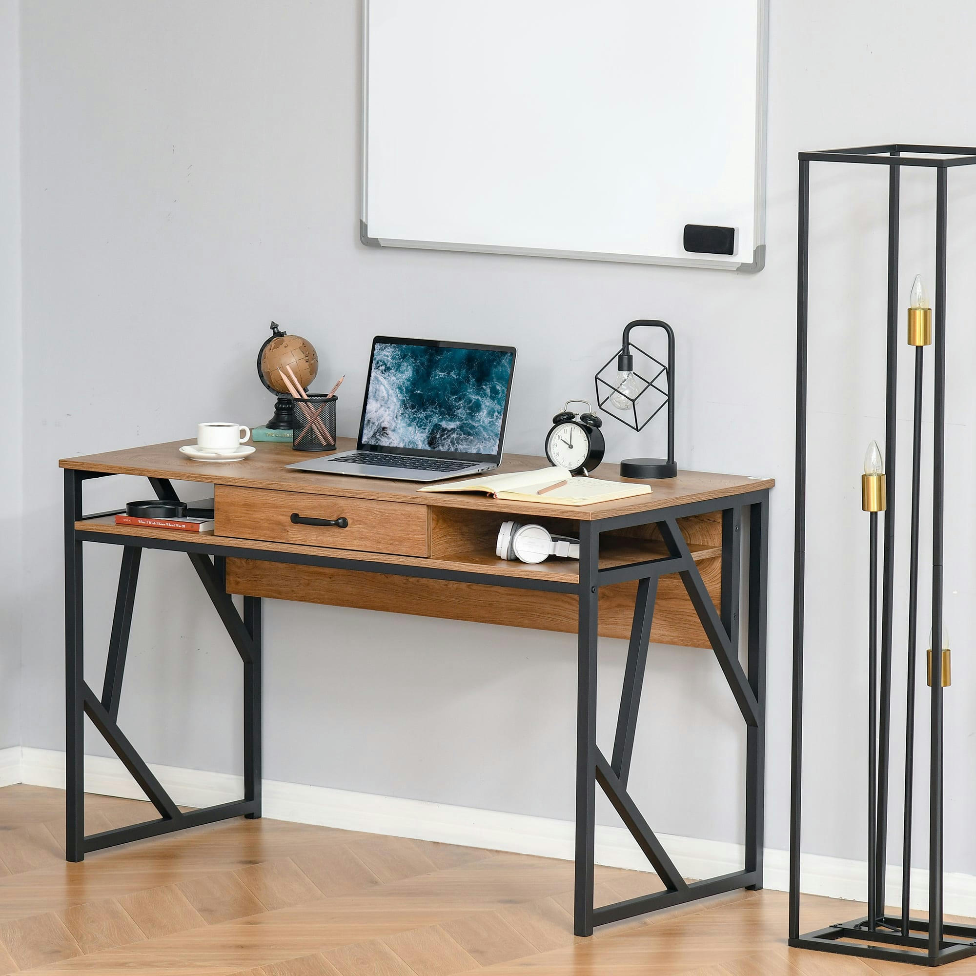 - Bureau style industriel tiroir 2 niches métal noir aspect bois noyer