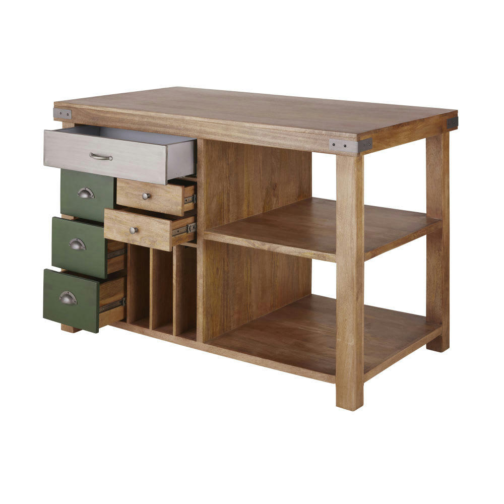 Chilham - Ilot central de cuisine 6 tiroirs 1 étagère 3 niches marron, vert et gris