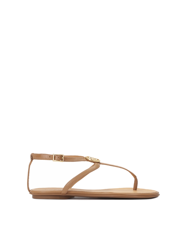 Light brown monogrammed flip flop sandals