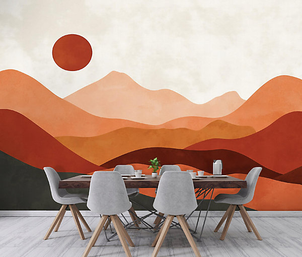Papier Peint Panoramique Intissé Art Déco Montagnes Orange - 350x250 cm - Papier Peint Chambre et salon