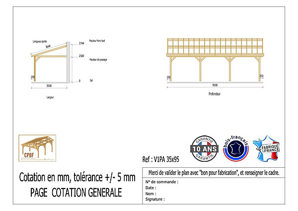 Carport adossé une pente 350cmx950cm, bois DOUGLAS Français (Charpente en bois-auvent-abri voiture) 34 m². Garantie 10 ans