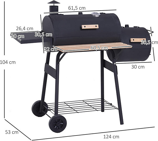 Barbecue Grill XL Charbon Fumoir 3 en 1 -2 Cuves Thermomètre intégré Roues Tablette Grille Rangement Cuisine extérieure Jardin