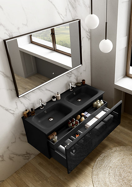 Meuble vasque suspendu noir mat et verre fumé l.120 cm   plan double vasque noir mat résine, Pura