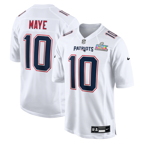 Men's New England Patriots Drake Maye Nike Super Bowl LX Patch Tundra Fashion Game Jersey - White/Black