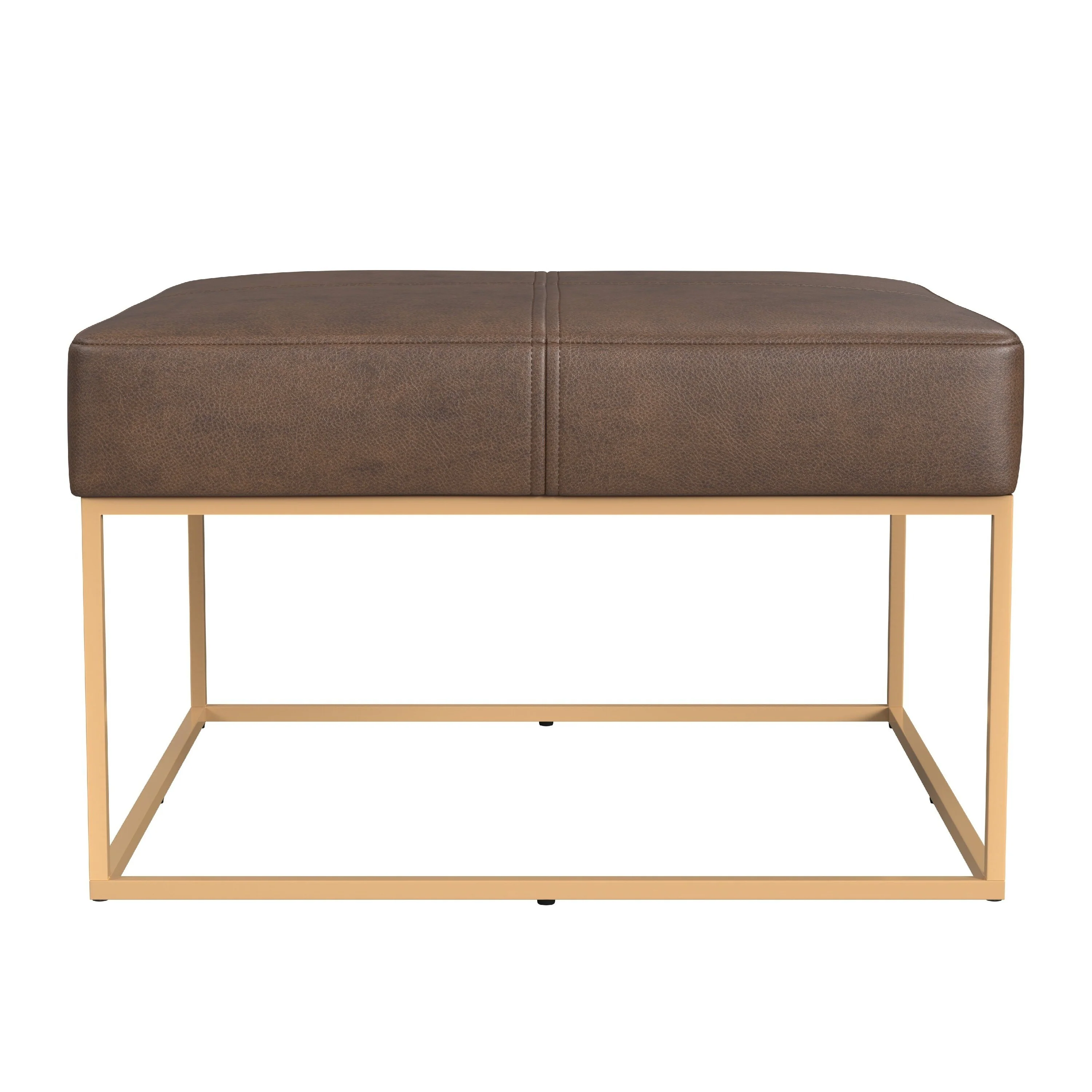 Kai Ottoman, Brown Faux Leather and Gold Metal, 28 Inch Square