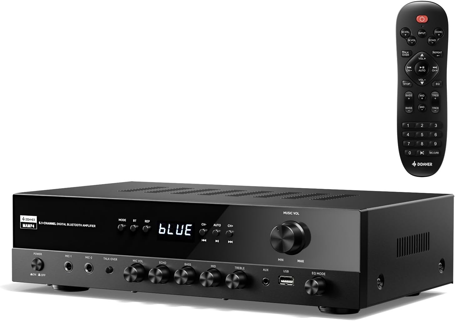 Donner Stereo Receivers, 5.1 Channel Audio Amplifier with Bluetooth 5.3, Optical/Coaxial, USB, FM, 2 Mic-in, Echo, RCA, AC-3 Input for Home, Karaoke, Theater Speakers, 60W/4R & 25W×3 RMS, MAMP4