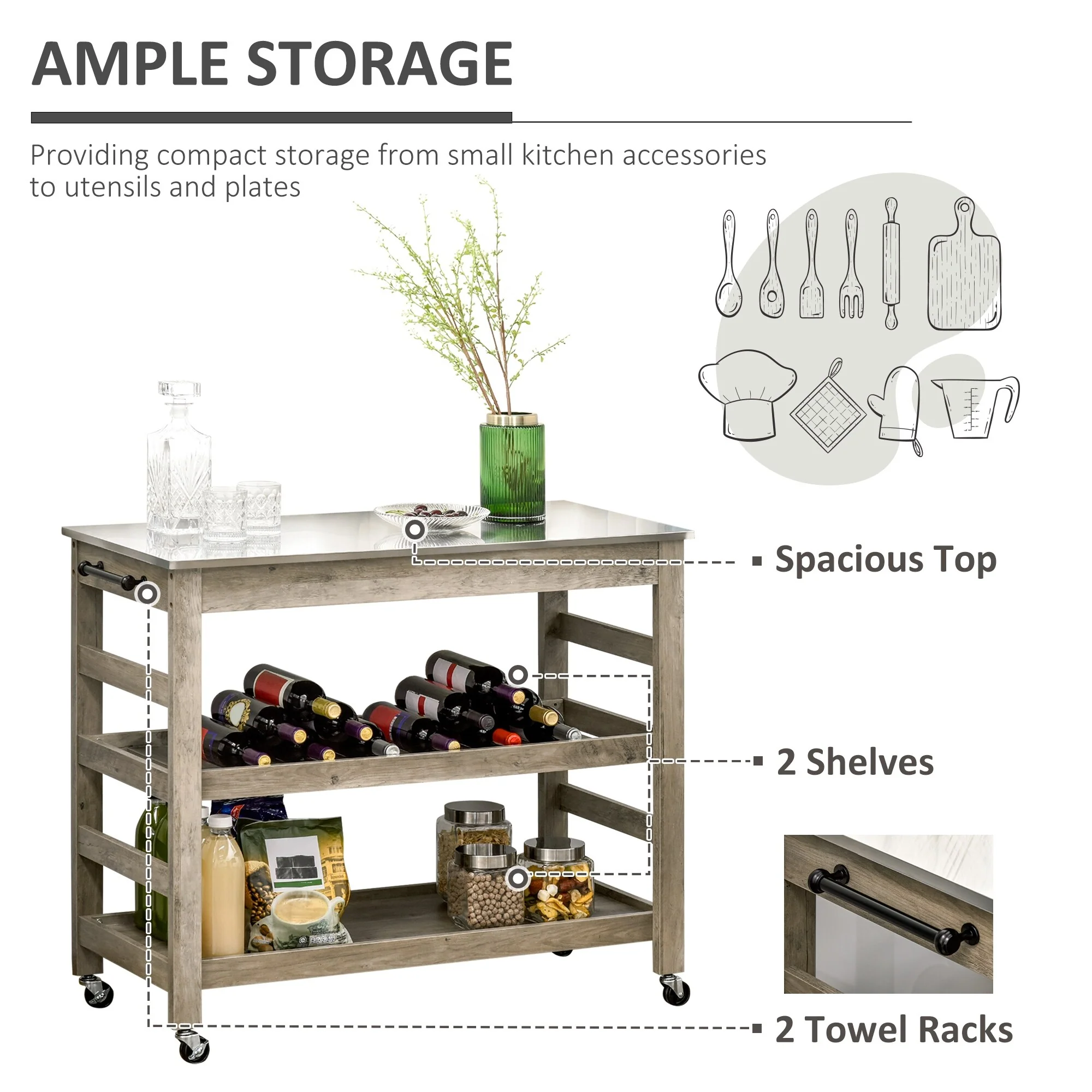 Rolling Kitchen Cart With Stainless Steel Countertop(no include stool)