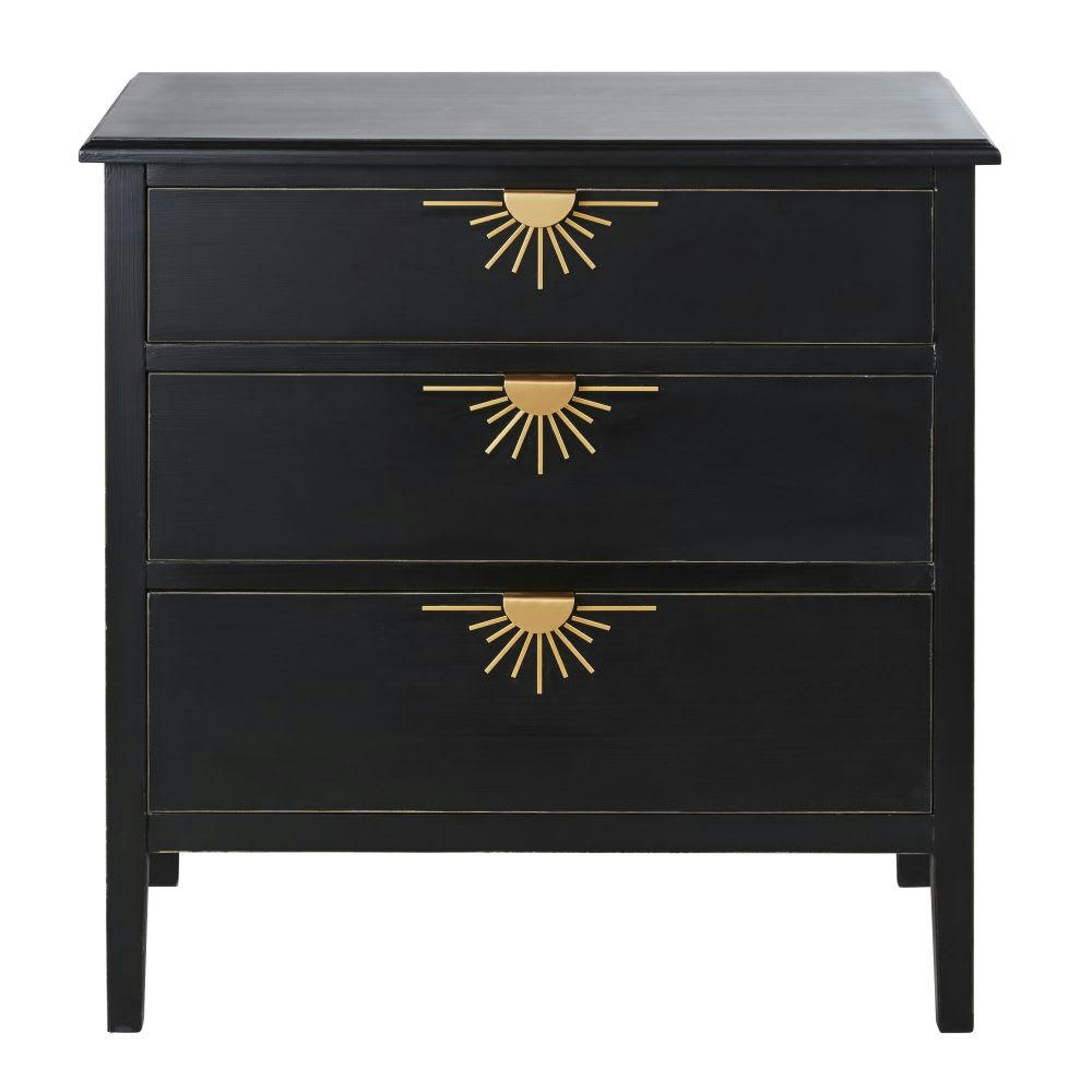Ilios - Commode 3 tiroirs noire et métal doré