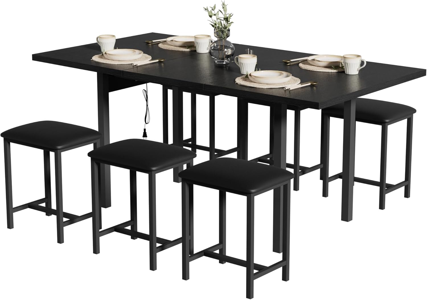 VECELO 7-Piece Dining Table Set with 6 Square Stools, 63 Expandable Kitchen Table with USB Charging & Metal Frame for 2/4/6, Wood Dinette Perfect for Small Spaces, Easy Assembly, Black