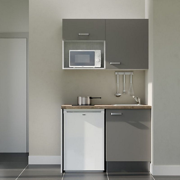 Kitchenette K07 façades Gris - Plan de travail Bois - Crédences : Non - Evier inox - Electroménager Blanc inclus