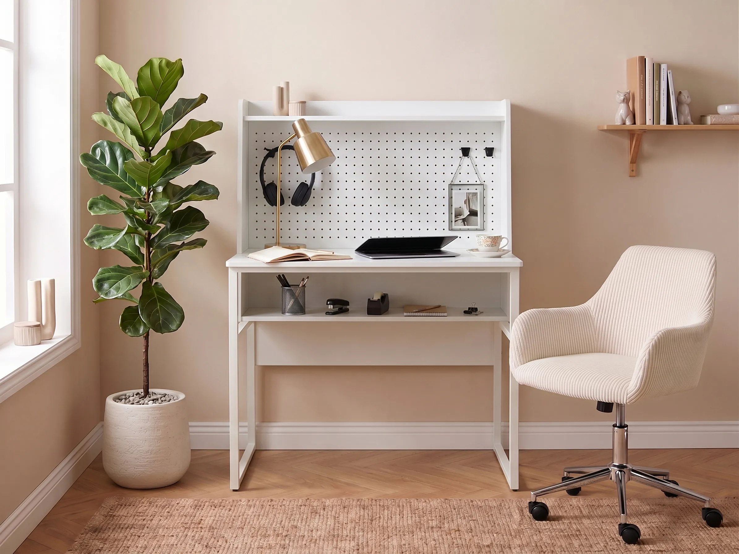 Home Office Desk with Pegboard BUXTON White 84 cm 48 cm
