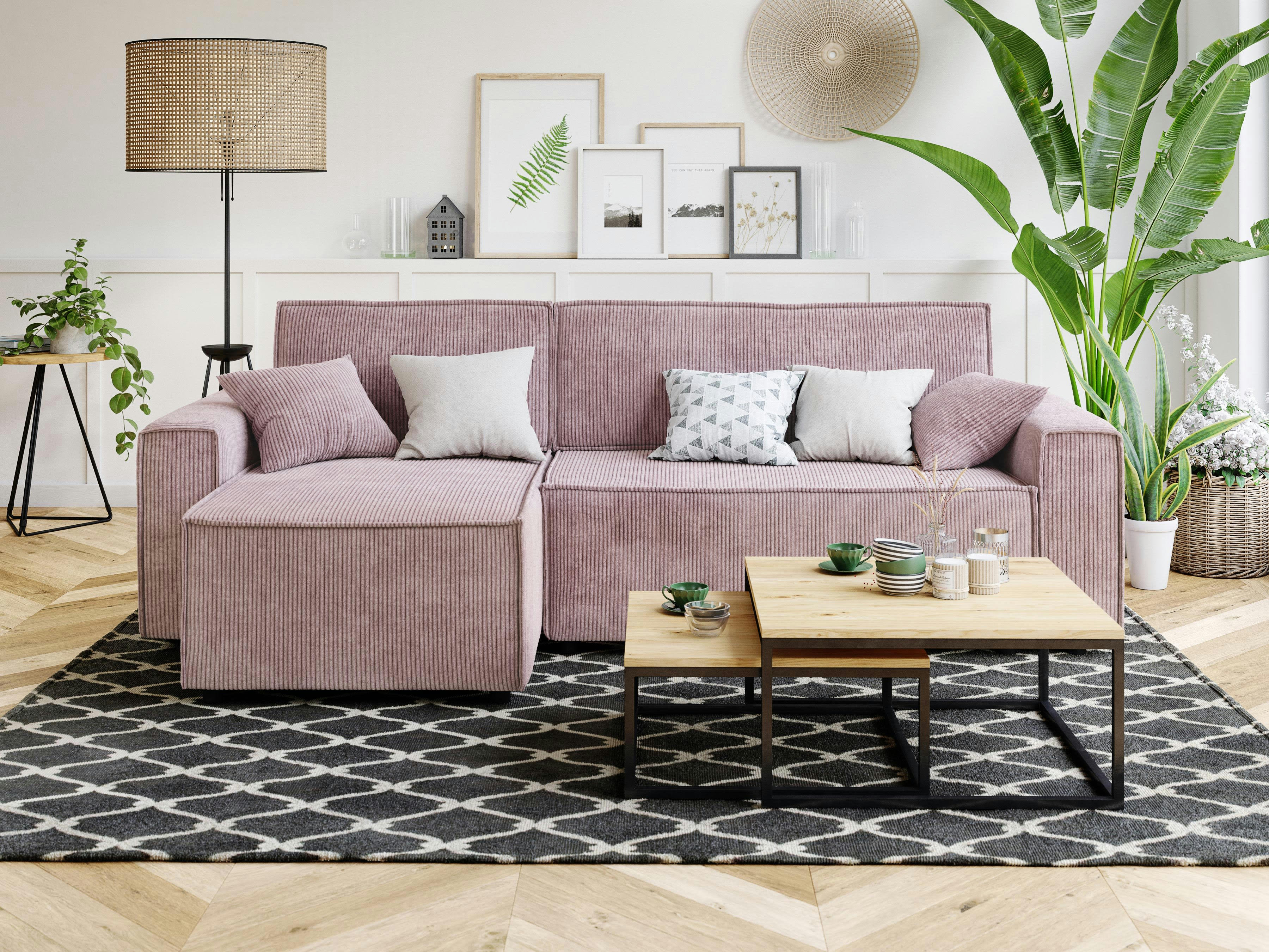 MIRA - Canapé d'angle convertible en velours côtelé 4 places mauve