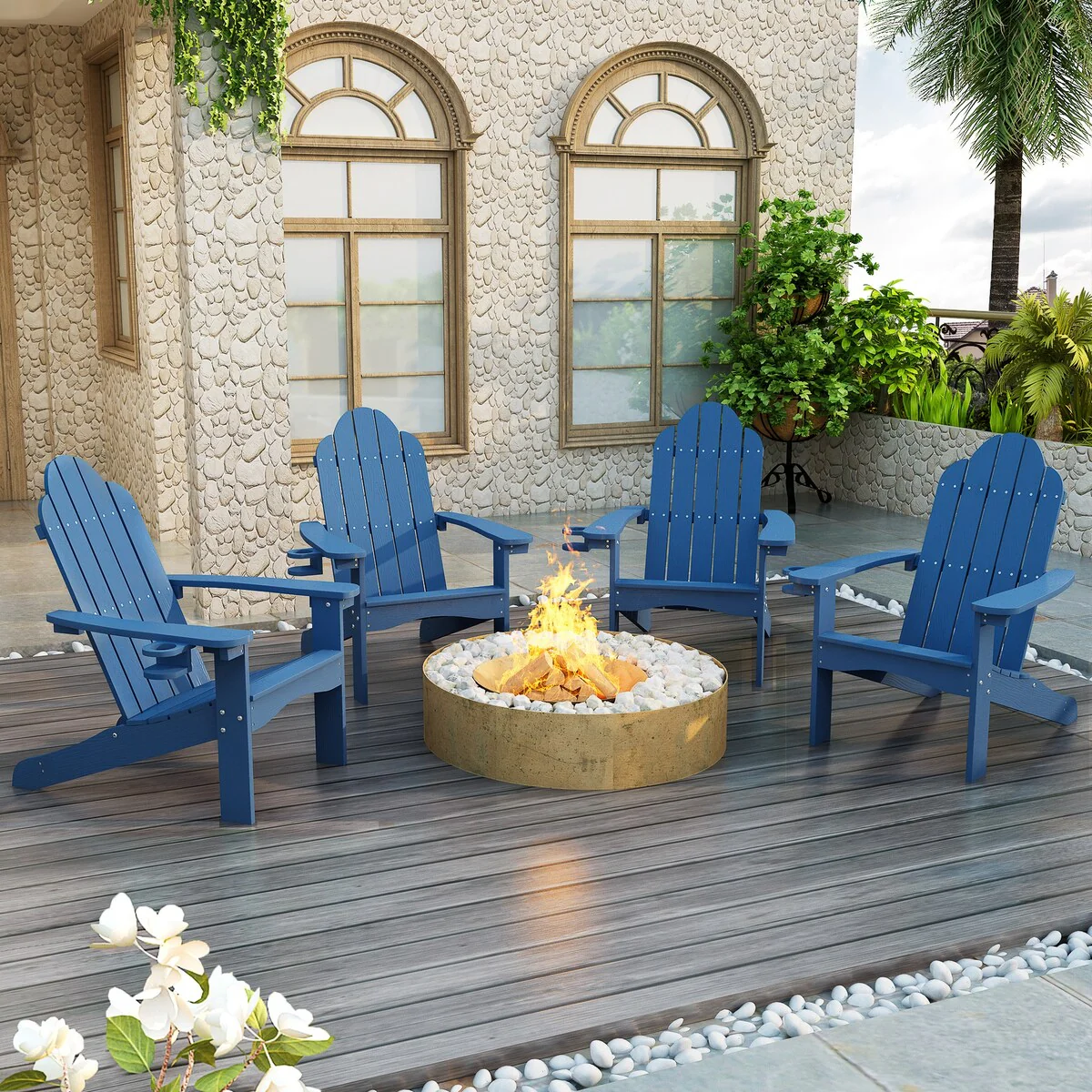 LUE BONA Plastic Poly Weather Resistant Outdoor Patio Adirondack Chairs 4-Pack - 35D x 30W x 36.2H