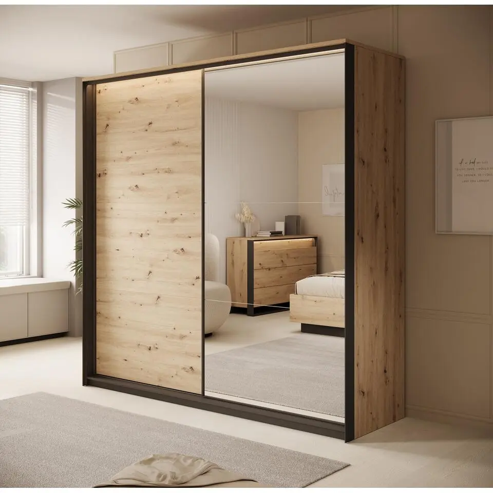 Meubella - Kledingkast Quarry - Eiken - 220 cm - Met spiegel