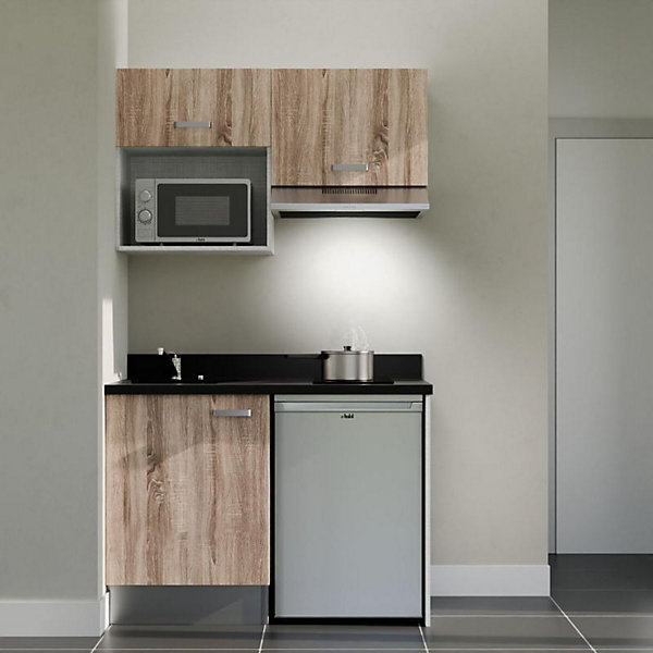 Kitchenette K02 - 120 cm - façades Bois - Plan monobloc en quartz coloris Nero évier à gauche - Electroménager Inox