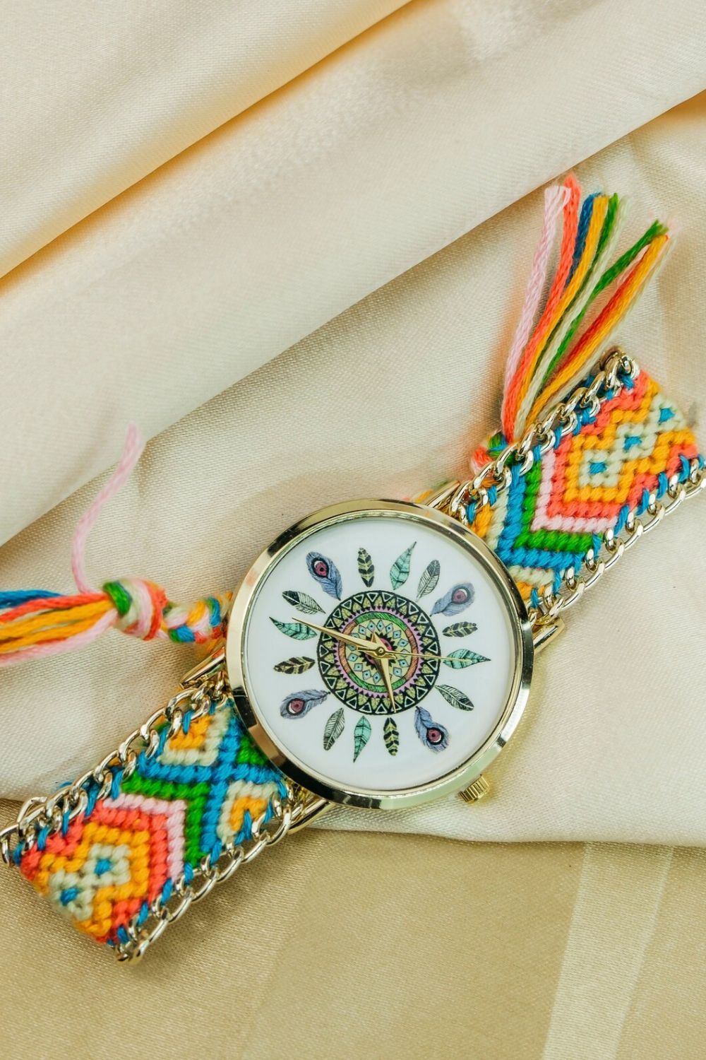 The Colourful Aura Orange Gold Boho Mandala Art Bohemian Jute Knitted Strap Bracelet Wrist Watch