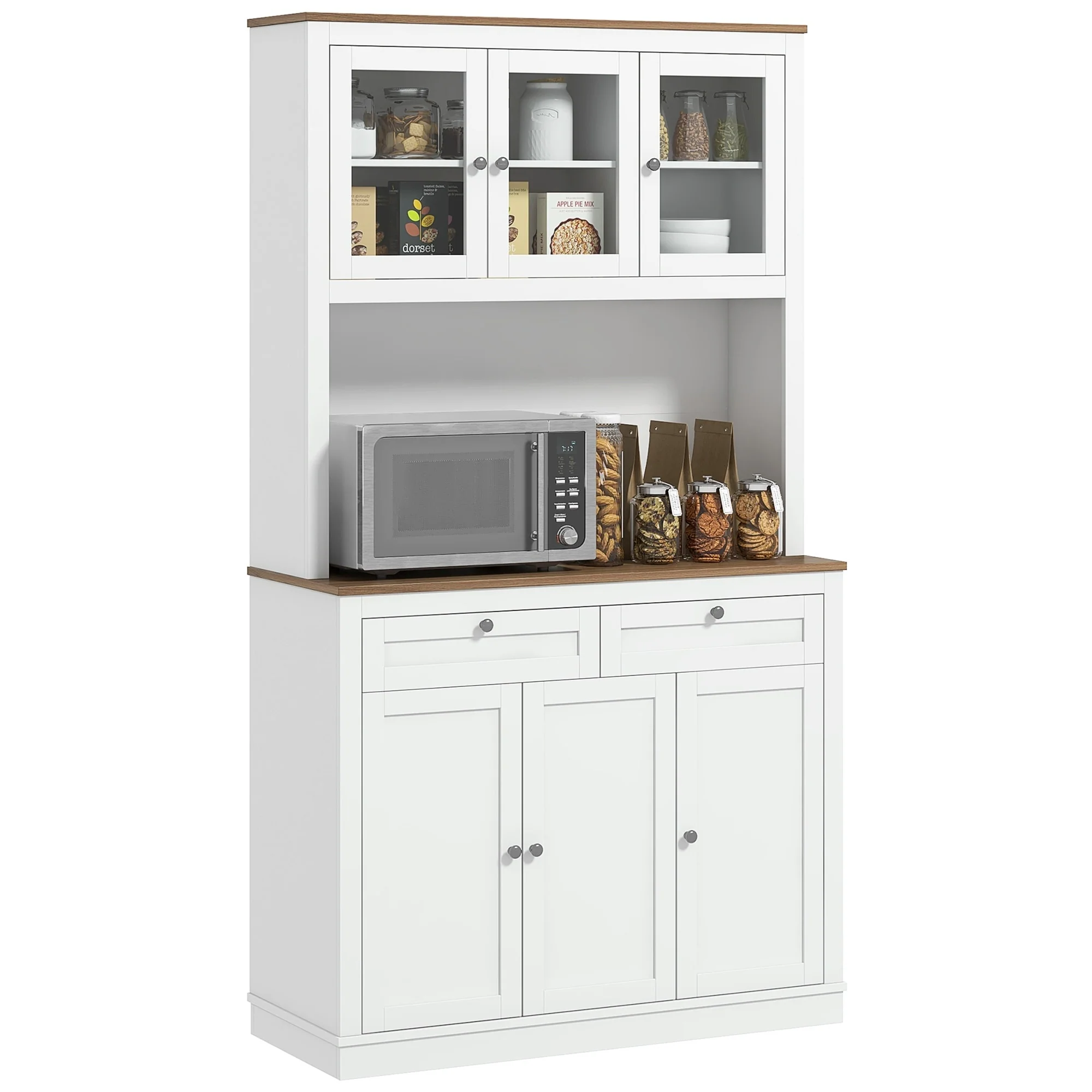 HOMCOM 71 Tall Kitchen Pantry Storage Cabinet with Microwave Stand, Adjustable Shelves and Glass Doors for Kitchen, White