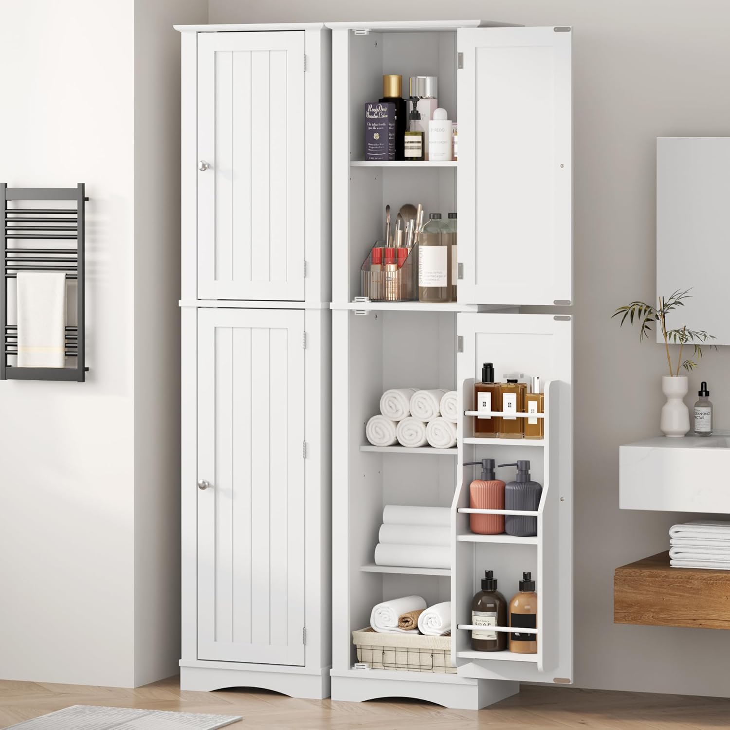 Function Home Tall Bathroom Storage Cabinet, 64 Slim Kitchen Pantry with Door Storage, Narrow Wood Freestanding Cabinets with Adjustable Shelves for Kitchen Living Room Dining Room, White