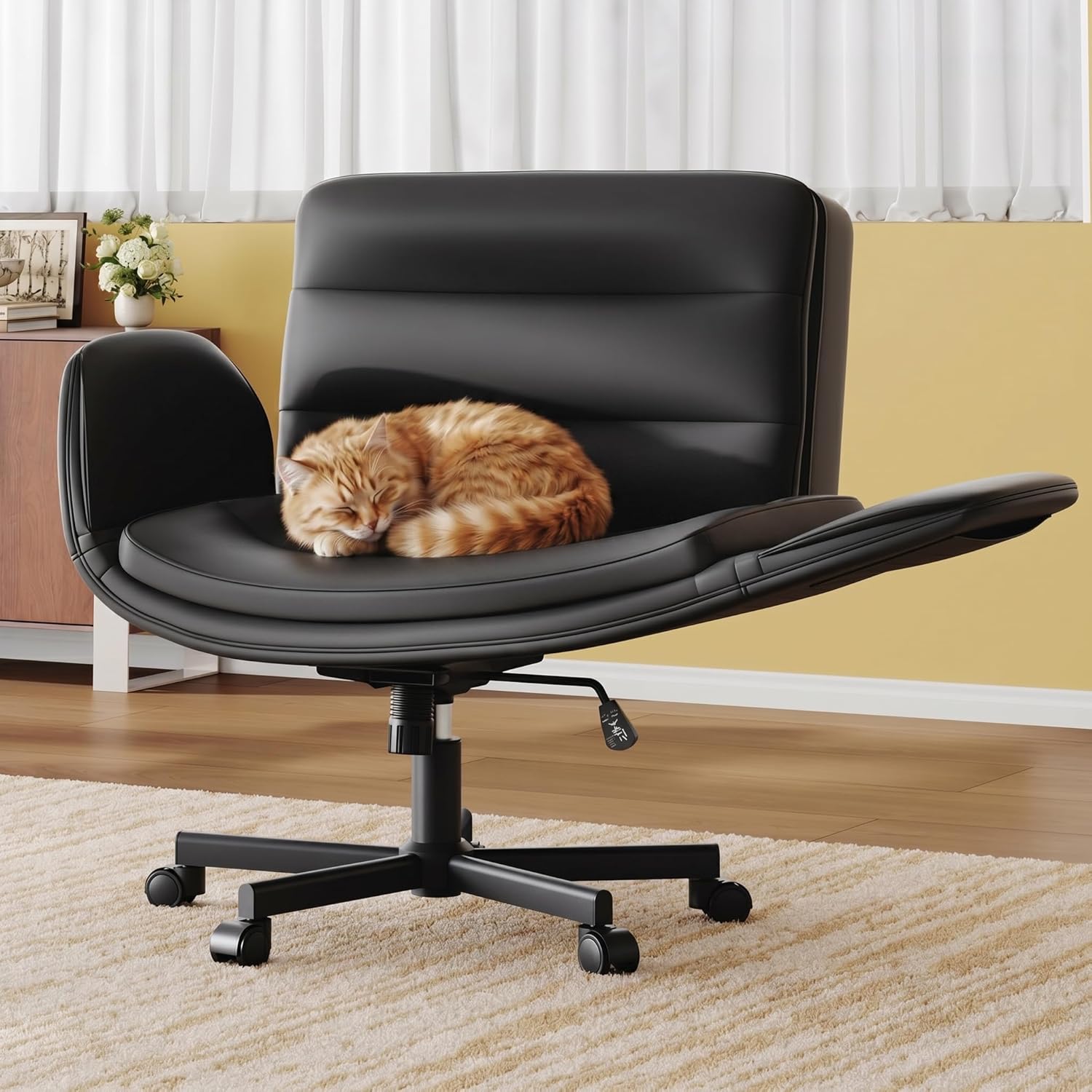 Criss Cross Chair with Flip-Up Arms & Swivel Wheels, Vanity Chair with Adjustable Height & Side Pockets, Comfortable Wide Seat Reclining Computer Office Desk Chairs for Home Office, Make Up, Bed Room