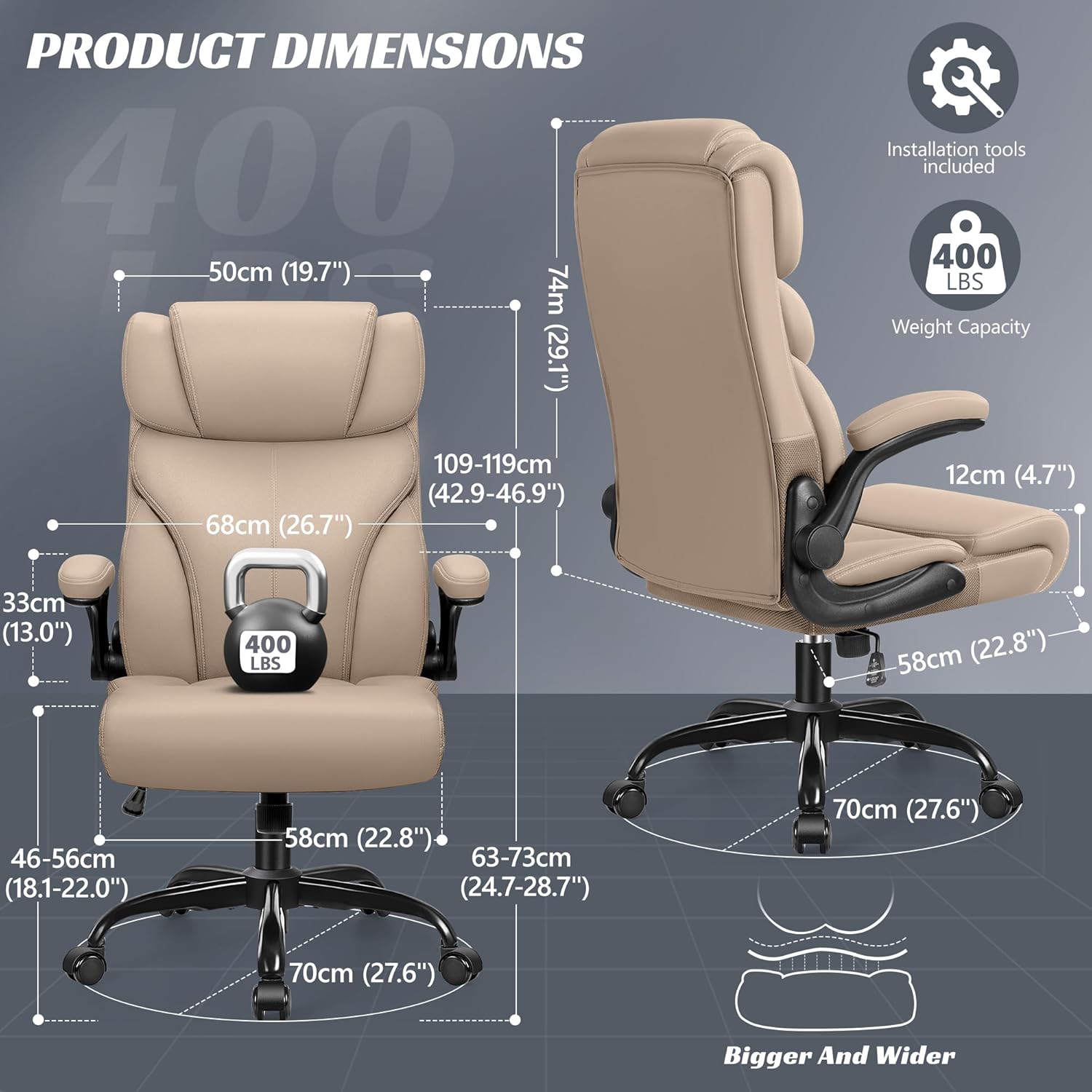 HeroSet Office Chair, Ergonomic Big and Tall Computer Desk Chairs, Executive Breathable Leather Chair with Adjustable High Back Flip-up Armrests, Lumbar Support Swivel PC Chairs with Rocking Function