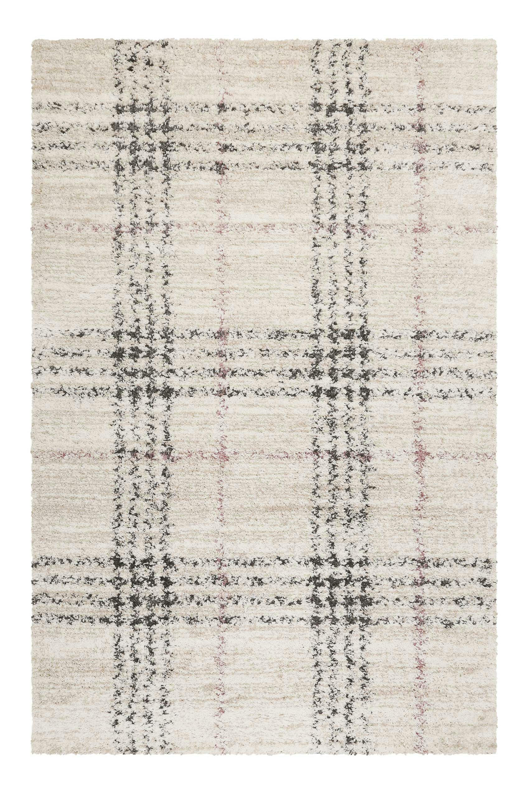 NORA - Tapis à poils longs tartan beige et gris 133x200