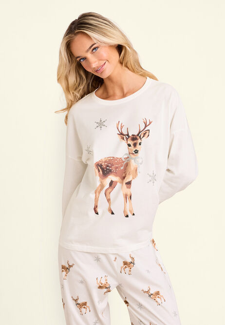 Womens Cream Christmas Reindeer Family Pyjama Set