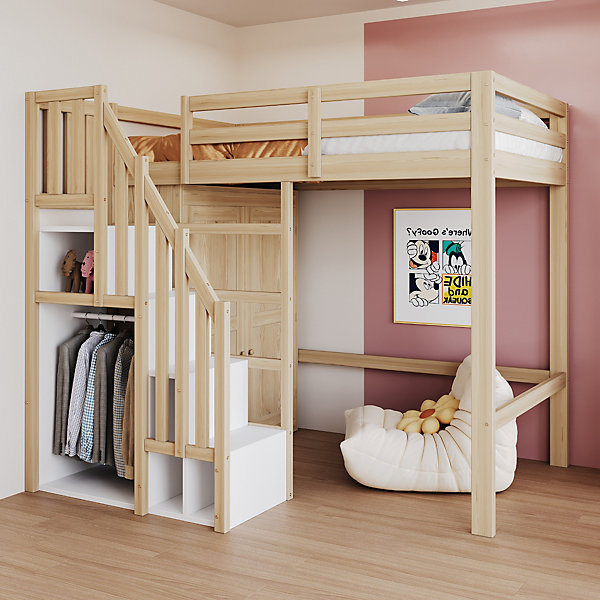 Lit Mezzanine 90x200 cm - avec échelle Sécurisée, Rangement Intégré et Armoire - Bois Massif Naturel, Sans Matelas, Naturel