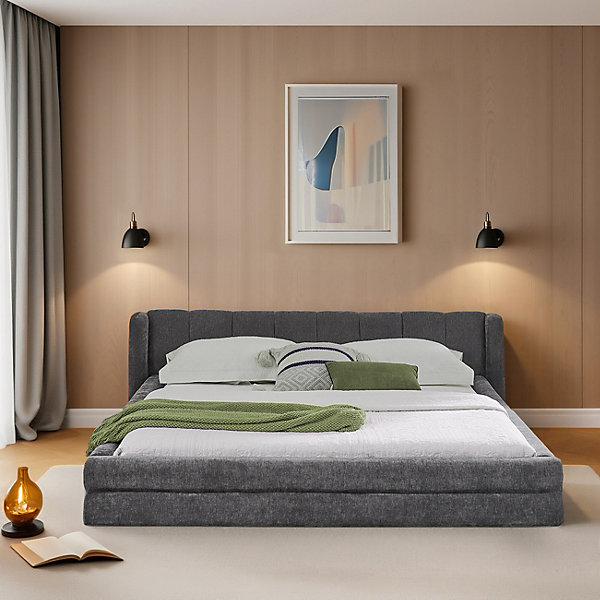 Lit 160x200 cm tapissé en chenille gris foncé avec tête de lit ergonomique et cadre renforcé silencieux