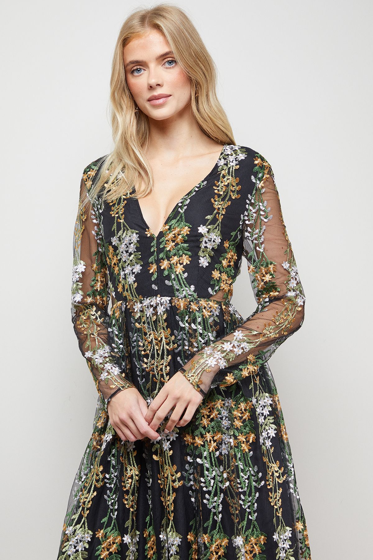 Oasis Floral Ruffle Open Back Long Sleeve Midi Dress