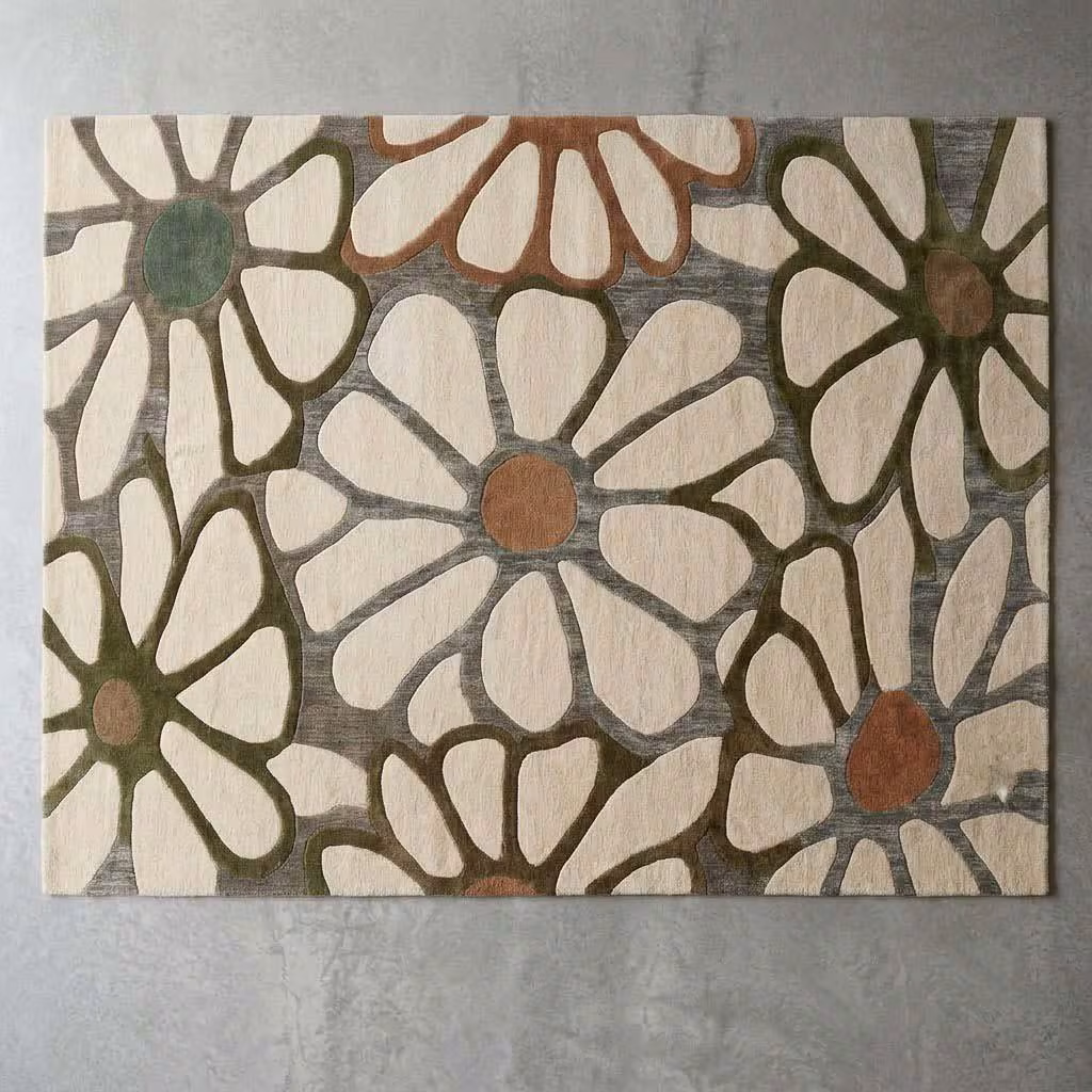 Hand Tufted Floral Rug, Vintage Botanical Area Rug, Neutral Daisy Flower Carpet, Boho Farmhouse Living Room Decor 9x12