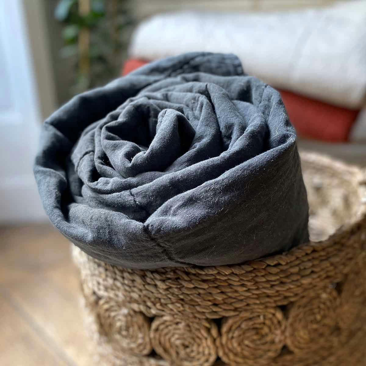 - Couvre-lit XL en lin lavé gris anthracite doublure en percale de coton