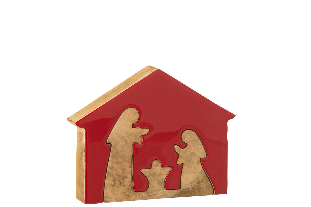 J-Line decoratie Kerststal in Huis - hout - rood/naturel - large