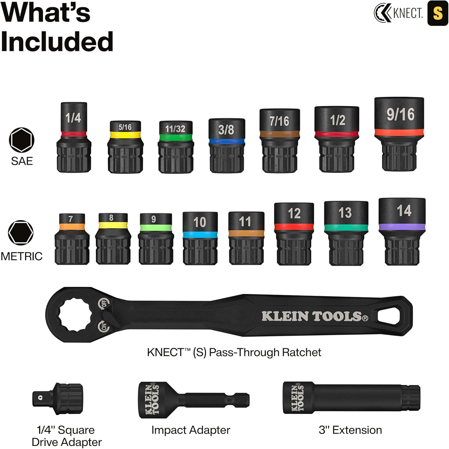 Klein Tools 65302KNECT Impact Socket Set, KNECT (S) 33-Piece SAE and Metric Pass-Through Socket Tool Set, Impact Driver Adapter, MODbox Tool Organization