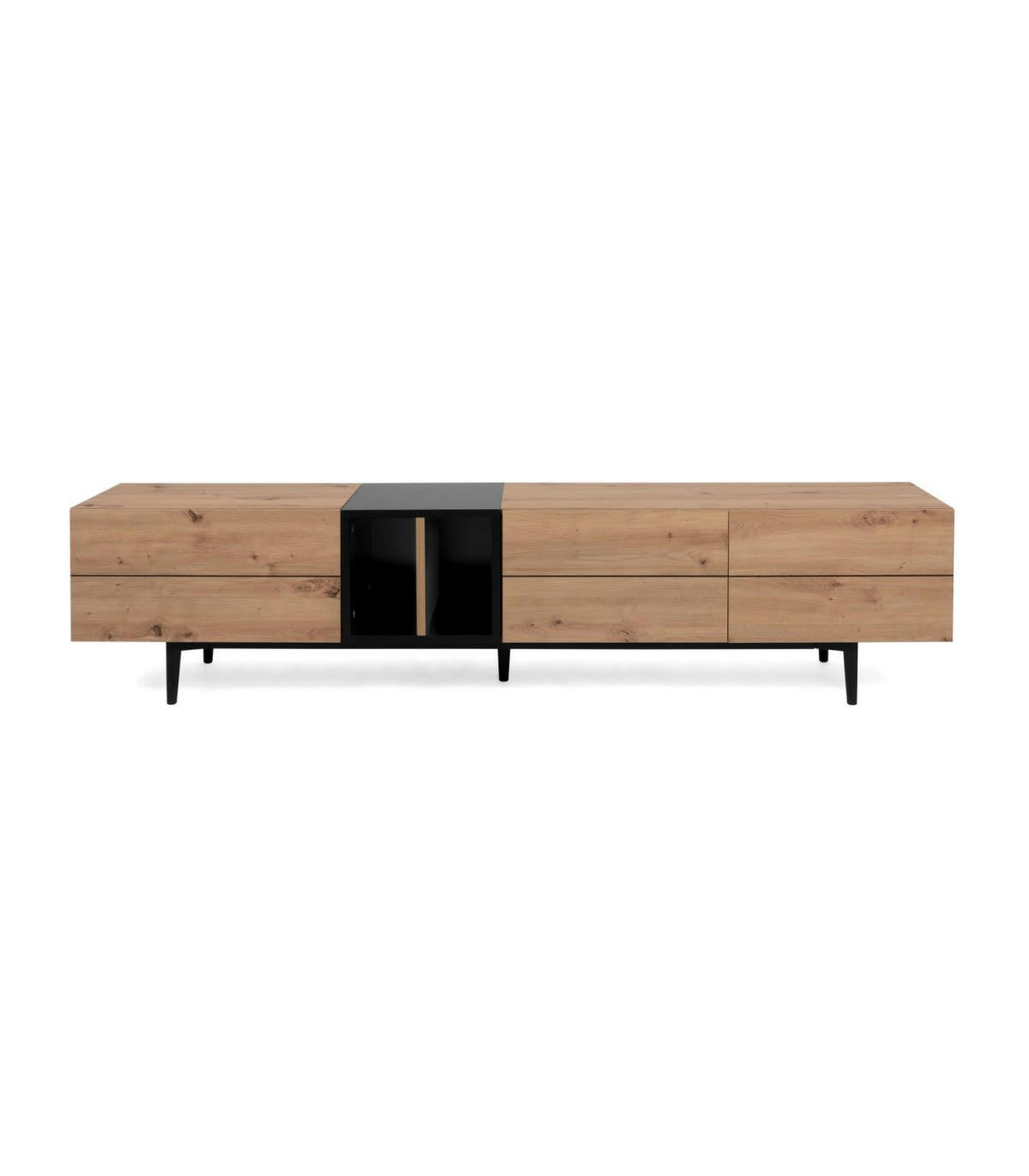 NOLA - Meuble TV 3 Portes 2 Niches L 195 cm - Décor Bois clair et Noir