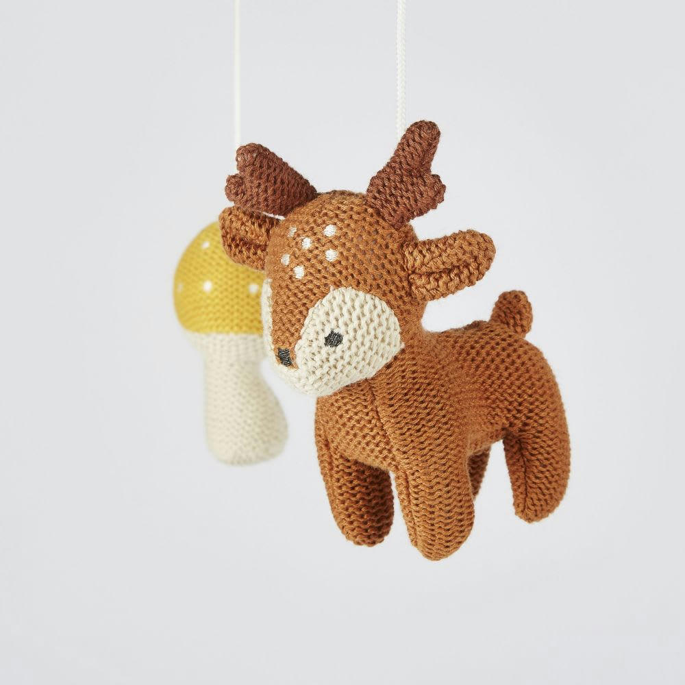 MIMIZAN - Mobile musical bébé cerf et champignons en coton tricoté multicolore